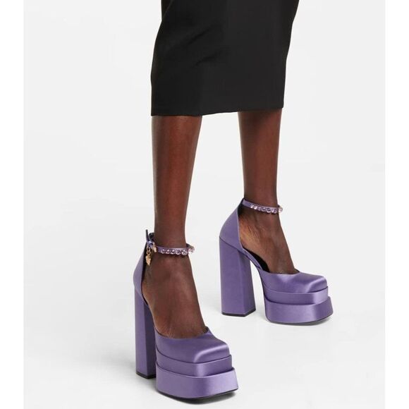 VERSACE Aevitas Purple Crystal-Embellished Platform Block Heel Pumps Siz…